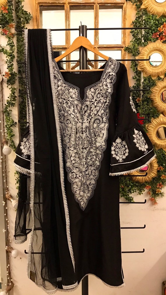Black and silver Kashmiri embroidery salwar kameez cocktail | Etsy