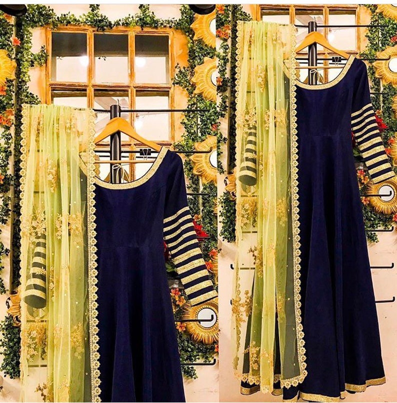 navy blue gown with golden dupatta