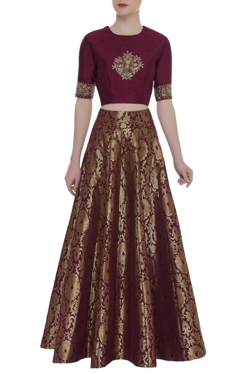 Emerald green navy blue marron banarsi brocade indian wedding lehenga skirt with embroidered silk choli blouse custom made lengha choli