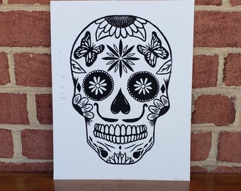 Sugar Skull Linocut Print