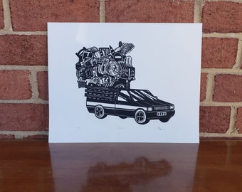 Impresión Linograbado de camión basura