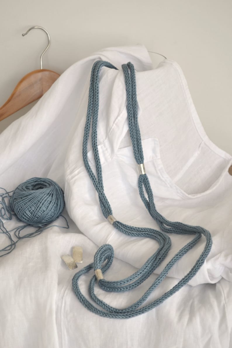 Handmade cotton and silver necklace Light blue-grey cotton also available with different blue shades Long statement cotton necklace