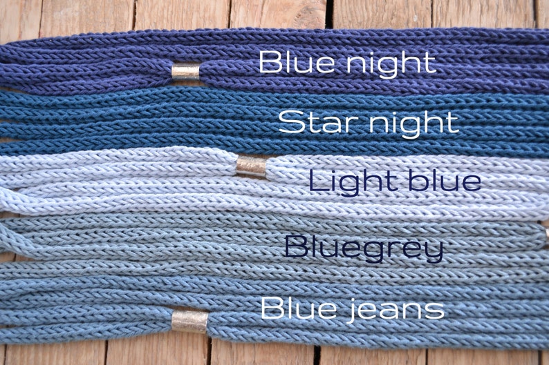 Handmade cotton and silver necklace Light blue-grey cotton also available with different blue shades Long statement cotton necklace