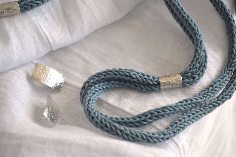 Handmade cotton and silver necklace Light blue-grey cotton also available with different blue shades Long statement cotton necklace