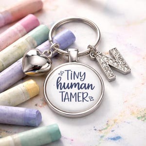 Personalised Teacher Keychain: Tiny Human Tamer Charm, Initial Keyring