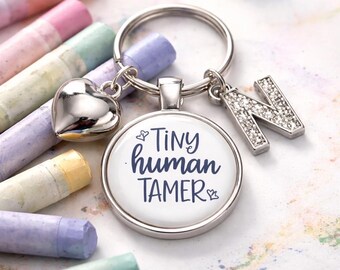 Personalised Teacher Keychain: Tiny Human Tamer Charm, Initial Keyring