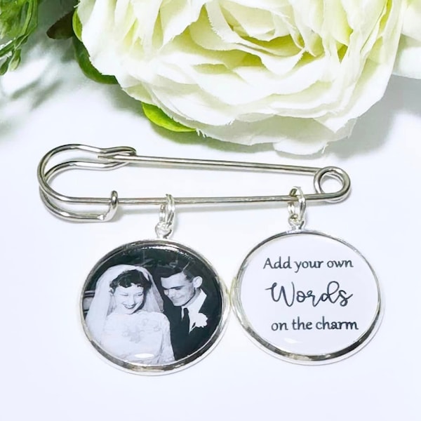 Custom Photo Lapel Pin, Memorial lapel pin,  add your own words, kilt pin Funeral photo pin, wedding photo pin  groom memorial photo