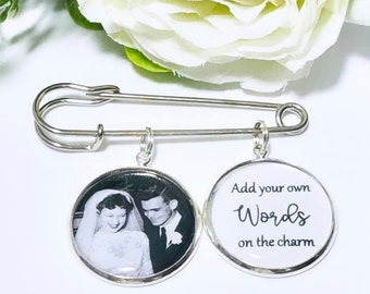 Custom Photo Lapel Pin, Memorial lapel pin,  add your own words, kilt pin Funeral photo pin, wedding photo pin  groom memorial photo