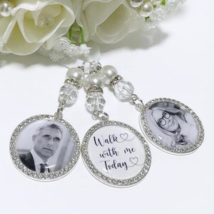 Wedding memorial photo bouquet charm Diamante Memorial Charm Personalised Bride with beads personalised with your photos Walk with me Today