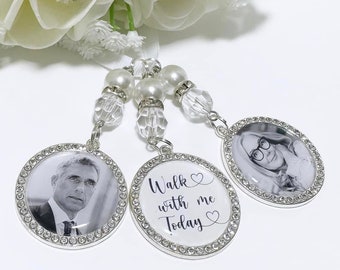 Wedding memorial photo bouquet charm Diamante Memorial Charm Personalised Bride with beads personalised with your photos Walk with me Today