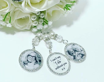 Bride memorial photo bouquet charm Diamante Memorial for wedding with beads personalised with your photos , I can't say I do without you