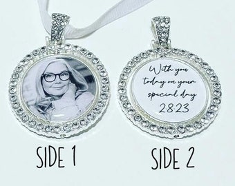 DOUBLE SIDED Wedding Bouquet Memory Photo Charm - With you on your Special Day - Diamante Charm - Bridal bouquet charm - Memorial