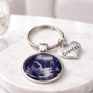 Grandad Keyring: Baby Scan Photo Keepsake (Personalised, Silver Heart)