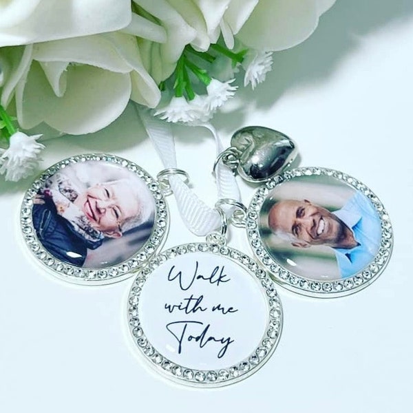 Wedding bouquet photo charm * diamante bouquet charm * 3 discs * Walk with me Today * gift for bride * lost loved ones * memorial clip