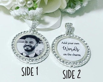 DOUBLE SIDED Wedding Bouquet Memory Photo Charm Custom wording Add your own words to the charm  Personalised Bridal gift memorial