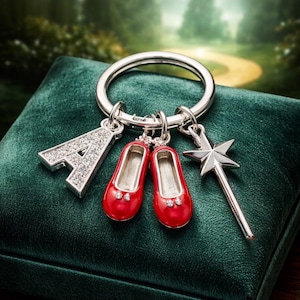 Wizard of Oz personalised keyring - ruby slippers charm, initial charm, gift for Daughter, Sister, No place like home, silver wand charm