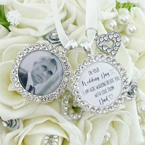 Bouquet memorial photo charm Wedding bouquet photo charm Diamante bouquet charm Dad memorial bouquet charm in memory of