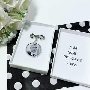 Groom Photo Buttonhole Charm in box custom message Personalised  Boutonniere Photo charm Memorial lapel Photo Pin Lightweight photo charm