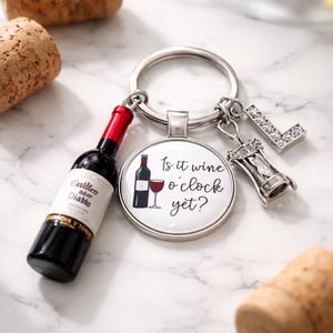 Red Wine Keyring: 'Wine O'Clock' Charm, Personalised Initial