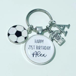personalised happy 21st birthday keyring with football and football shirt charms added