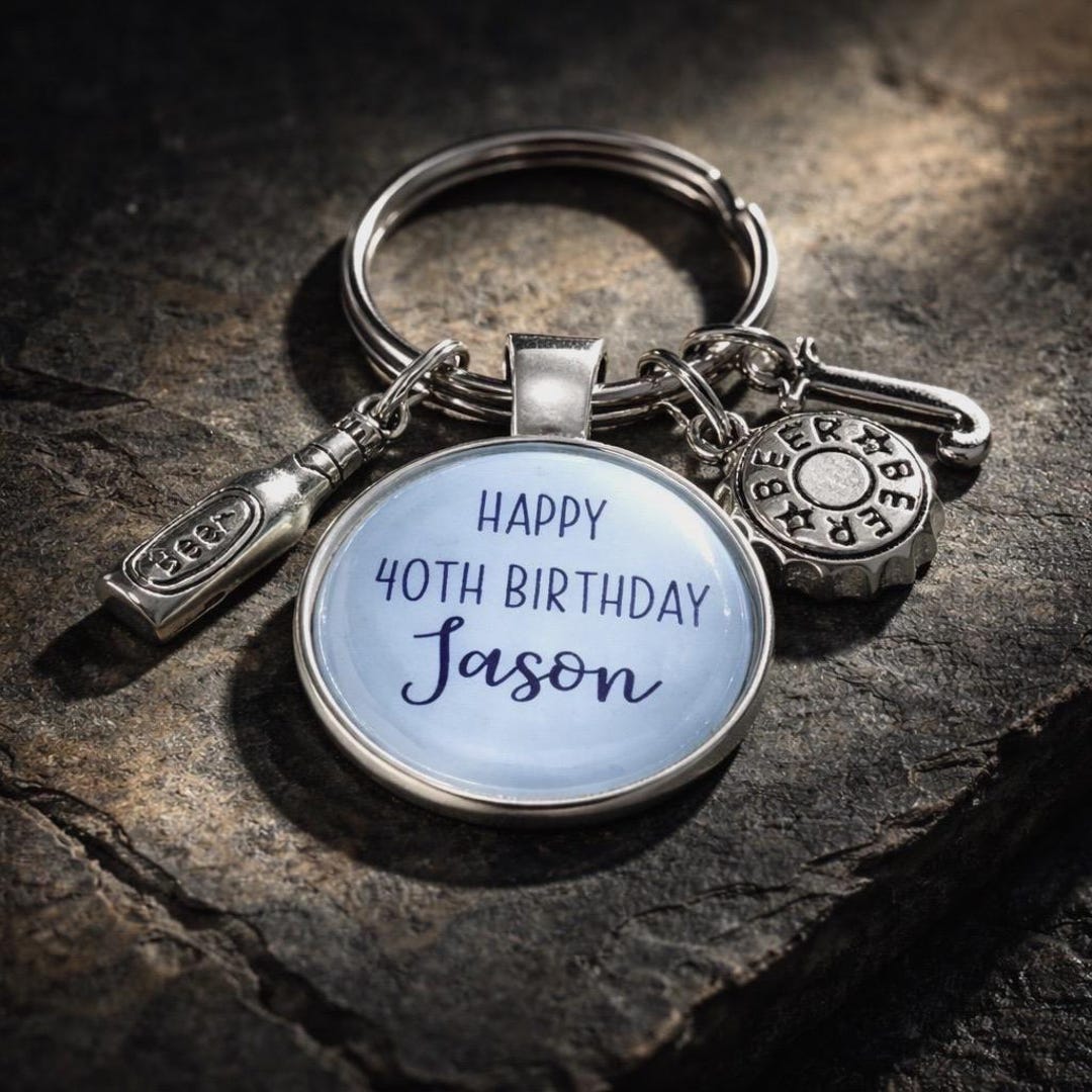 40th Birthday Keyring, Beer Bottle and Initial Charm (custom Name ...