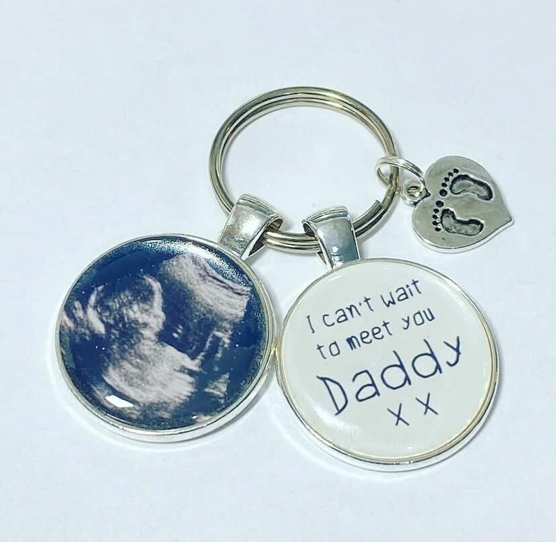 Daddy personalised baby scan photo keyring, Cant wait to meet you Daddy, Fathers day gift image 1