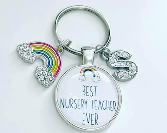 Personalised Teacher Keychain: Rainbow Charm, Initial Charm