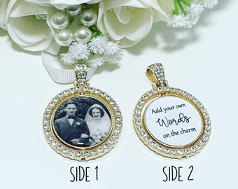 DOUBLE SIDED Gold Wedding Bouquet Memory Photo Charm Custom wording Add your own words to the charm  Personalised Bridal gift memorial