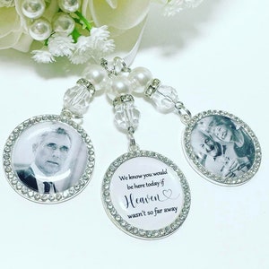 Bride memorial photo bouquet charm Diamante Memorial for wedding with beads personalised with your photos , we know you would be here today