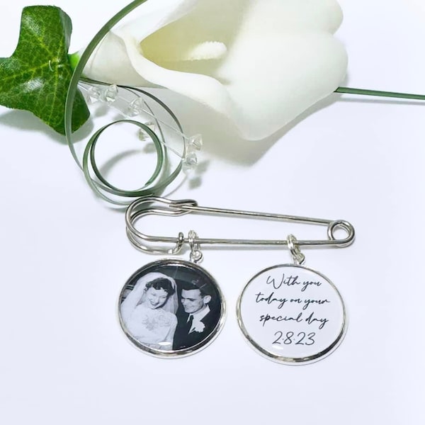 Custom Photo Lapel Pin, Memorial lapel pin,  with you on your special day, kilt pin Funeral photo pin, wedding photo pin  groom memorial