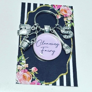Cleaning Fairy Keyring: Silver Bucket, Broom & Gloves - Personalised cleaner gift