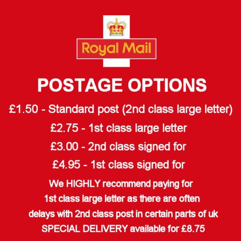 The image is a promotional poster for Royal Mail's postage options, providing details on the cost and delivery options for sending letters.