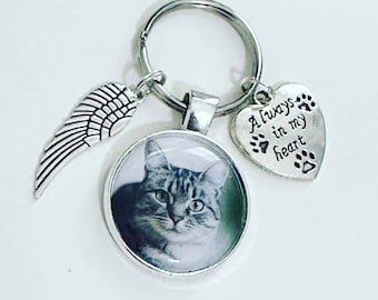 Cat personalised photo keyring, Always in my heart,  loss gift, pet sympathy, pet memorial gift
