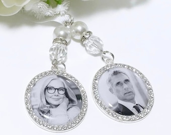 Wedding memorial photo bouquet charm Diamante Memorial Charm Personalised Bride with beads personalised with your photos