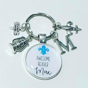 Personalised Beaver Scout Keyring: Initial Charm, Camping Theme Gift