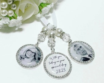 Bride memorial photo bouquet charm Diamante for wedding with beads personalised with your photos , with you today on your special day