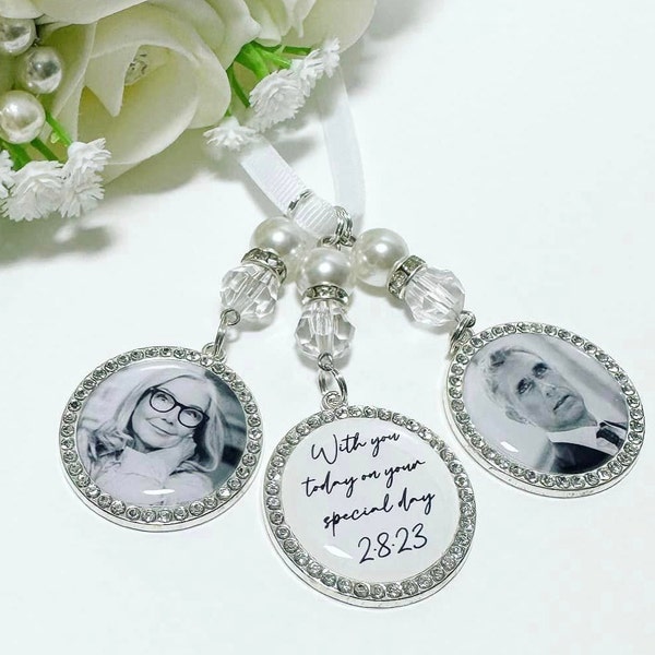 Bride memorial photo bouquet charm Diamante for wedding with beads personalised with your photos , with you today on your special day