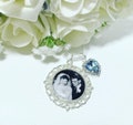 Memory remembrance bouquet charm personalised with any photo. ornate keepsake with ribbon, brides wedding flowers, something blue