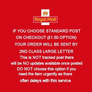 The image is a red and white Royal Mail postcard with instructions for choosing a standard post option on checkout.
