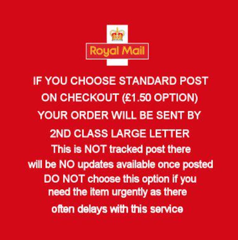 The image is a red and white Royal Mail postcard with instructions for choosing a standard post option on checkout.