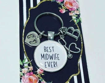 Midwife Keychain: Footprint Heart and Stethoscope Charms - Personalised