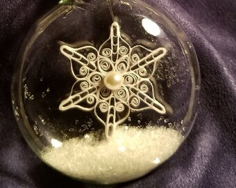 Elegant White Quilled Snowflake Hand-made INSIDE a Clear Glass Globe Ornament with German Glass Glitter