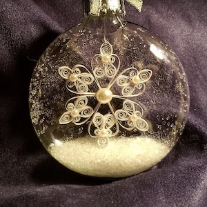 White Quilled Snowflake Hand-made INSIDE a Clear Glass Globe Ornament with German Glass Glitter Hearts & Pearls image 1