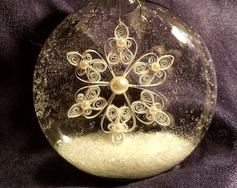 White Quilled Snowflake Hand-made INSIDE a Clear Glass Globe Ornament with German Glass Glitter- Hearts & Pearls