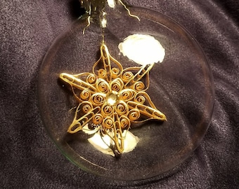 Ornate Gold Quilled Snowflake INSIDE a Clear Glass Disc Ornament- Handmade