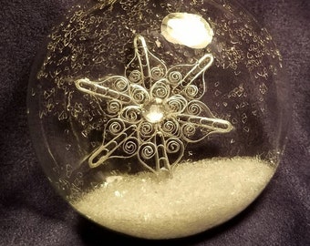 Elegant Silver Quilled Snowflake assembled INSIDE Clear Glass Ornament- with German Glass Glitter