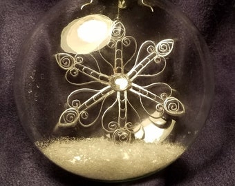 Silver Quilled Snowflake hand assembled INSIDE a Clear Glass Ornament