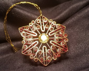 Art Nouveau Inspired Red & Gold Quilled Snowflake Ornament