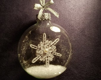 Quilled Snowflake INSIDE Clear Glass Globe- Pearlescent White & Pearl Ornament with German Glass Glitter