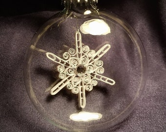 Quilled Snowflake assembled INSIDE a Clear Glass Disc Ornament- White & Crystal